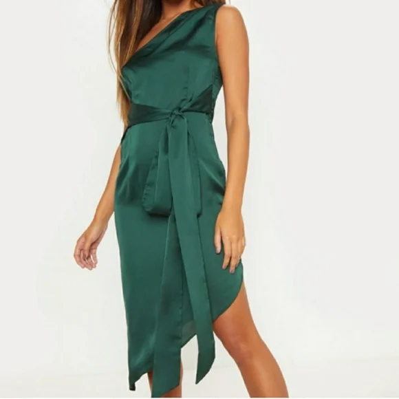 PrettyLittleThing | Dresses | Pretty Little Thing Green Satin One Shoulder  Dress Brand New | Poshmark